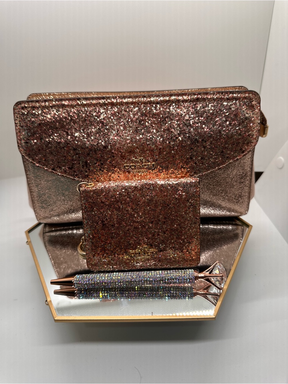 Coach Metallic Rose Gold Glitter Tech Wallet and Card Case (NWT) 2018 3Fer!!!